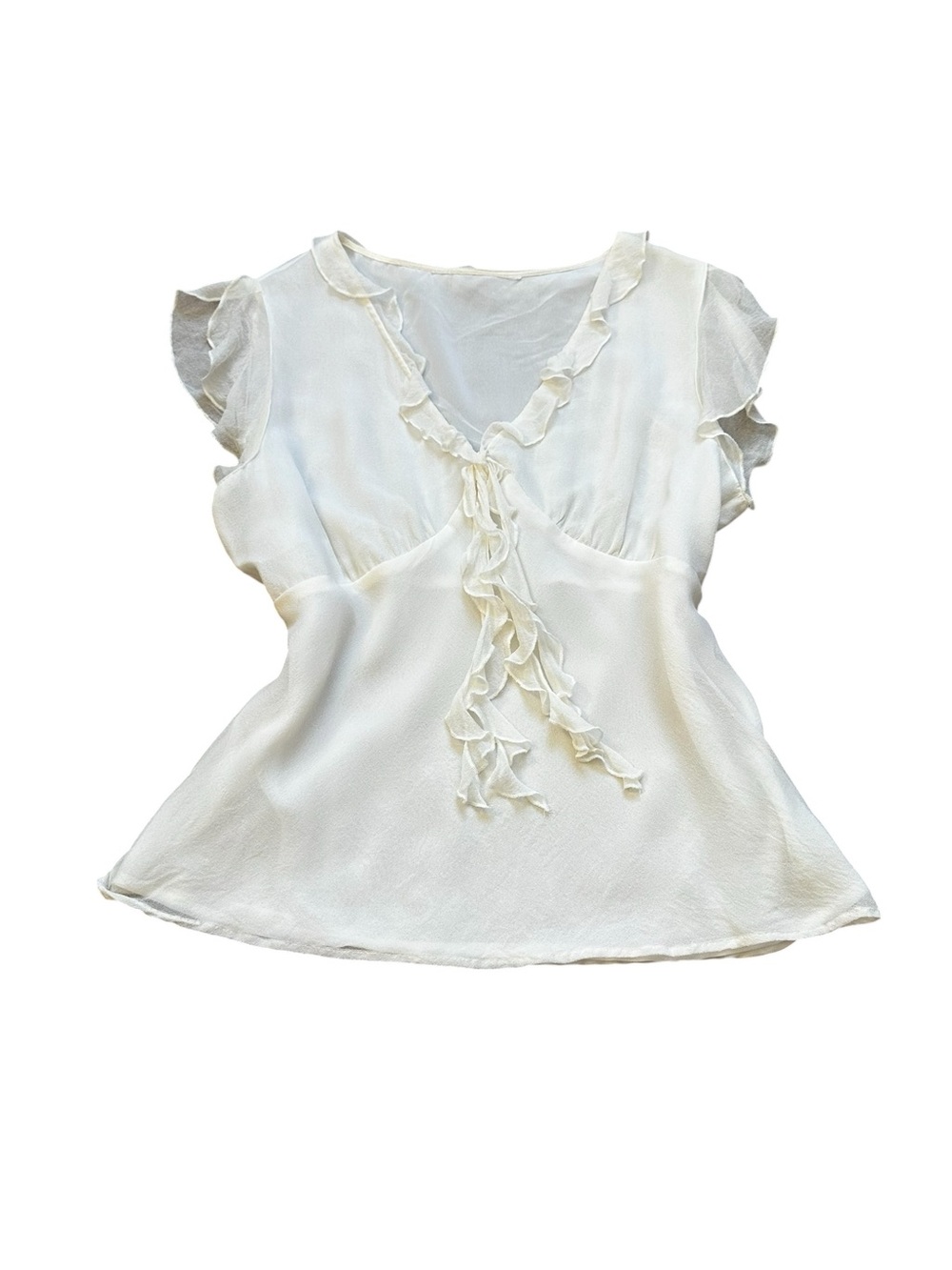 Cream Silk Ruffle Babydoll Blouse Flutter Sleeve Feminine Romantic Coquette